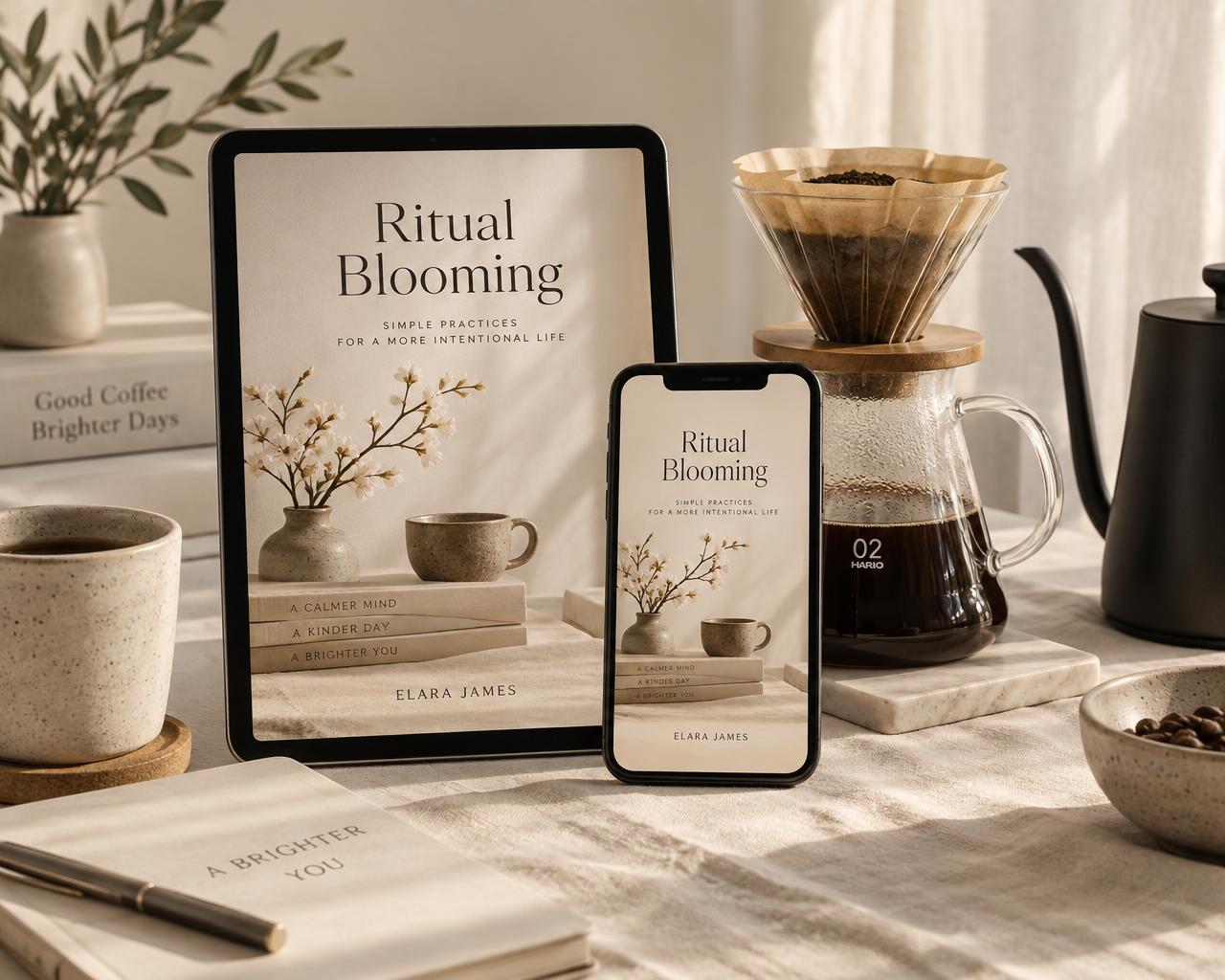 Ritual Blooming guide on tablet and phone beside a V60 pour-over